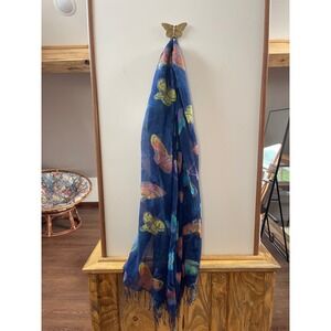 Navy Blue Butterfly Print Scarf Lightweight Fringed Rectangular Wrap Shawl Boho